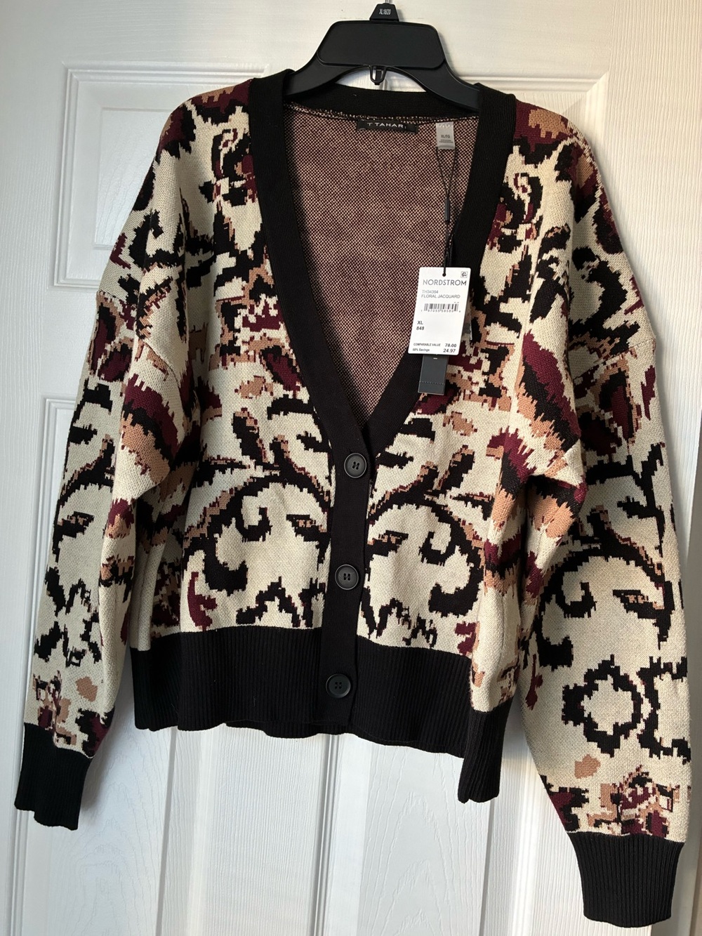 T Tahari Cream, Burgundy and Black Patterned V-Neck Cardigan